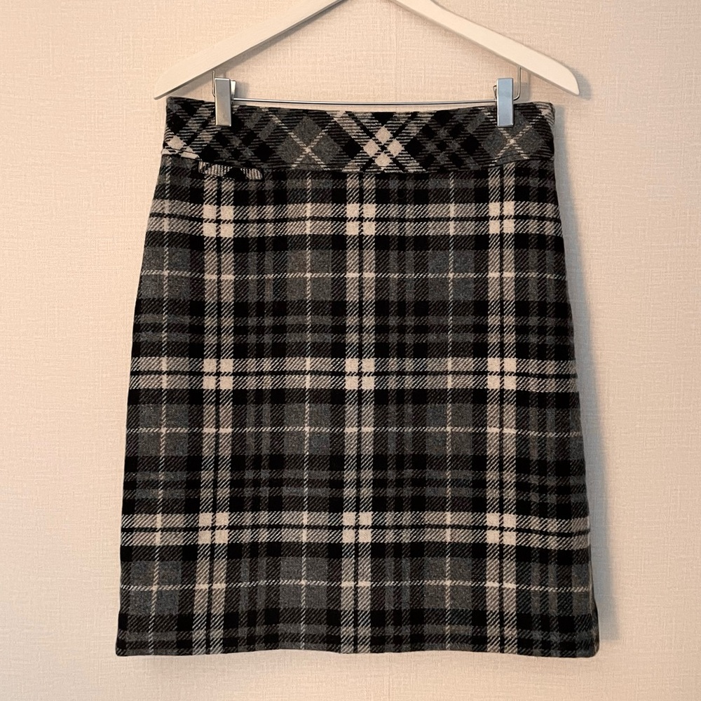 L.L. Bean, Plaid, Wool Blend, Knee Skirt, Sz 12, Gray, Black, Ivory, Lined, GUC